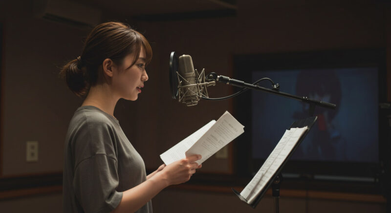 アフレコ収録中の女性声優