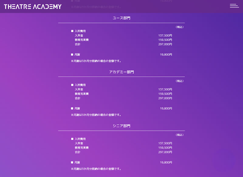 テアトルアカデミー入所費用